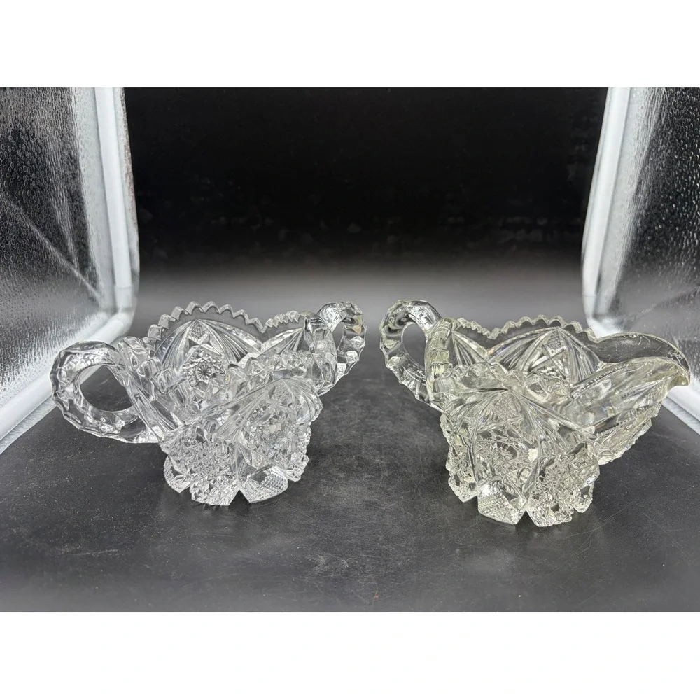Vintage EAPG Cut Glass Sugar Bowl and Creamer Set‎ Pinwheel Starburst Pattern